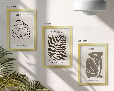 Composizione di 3 quadri con grafica elegante, linee e figure in colori neutri