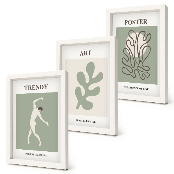 Composizione di 3 quadri Figure astratte e motivi vegetali in colori tenui
