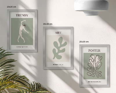 Composizione di 3 quadri Figure astratte e motivi vegetali in colori tenui