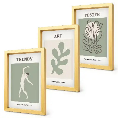 Composizione di 3 quadri con figure astratte e motivi vegetali in colori tenui