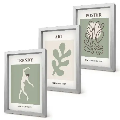 Composizione di 3 quadri con figure astratte e motivi vegetali in colori tenui