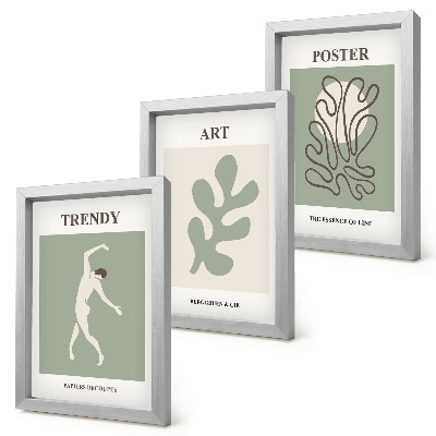 Composizione di 3 quadri Figure astratte e motivi vegetali in colori tenui