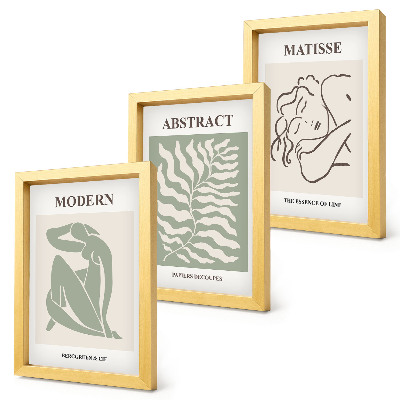 Trittico incorniciato Quadri eleganti nei toni del verde con figure e foglie