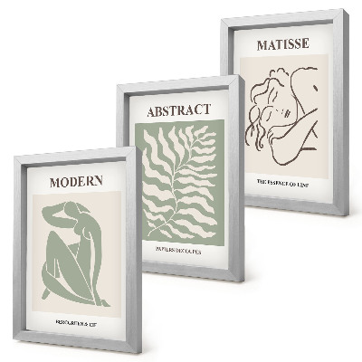 Trittico incorniciato Quadri eleganti nei toni del verde con figure e foglie