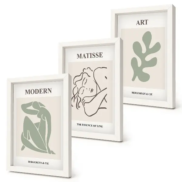 Composizione di 3 quadri con personaggi e piante dal design minimalista