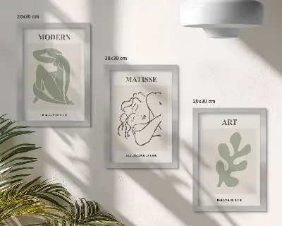 Composizione di 3 quadri con personaggi e piante dal design minimalista
