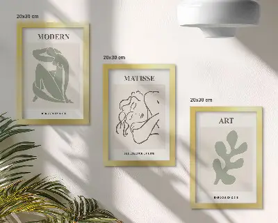 Composizione di 3 quadri con personaggi e piante dal design minimalista