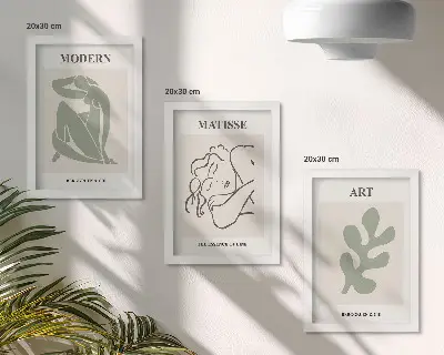 Composizione di 3 quadri con personaggi e piante dal design minimalista