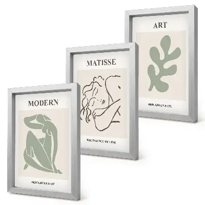 Composizione di 3 quadri con personaggi e piante dal design minimalista