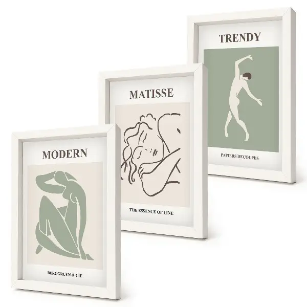 Trittico incorniciato con personaggi eleganti dalle forme e colori minimalisti