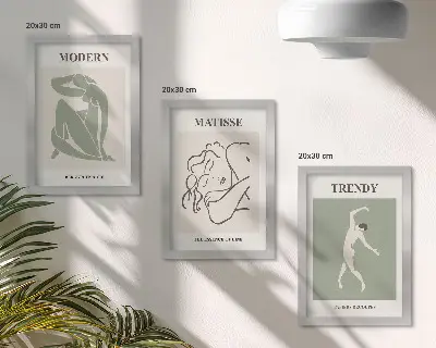 Trittico incorniciato con personaggi eleganti dalle forme e colori minimalisti
