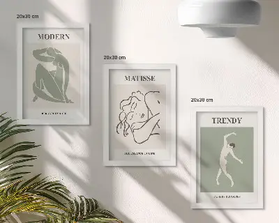 Trittico incorniciato con personaggi eleganti dalle forme e colori minimalisti