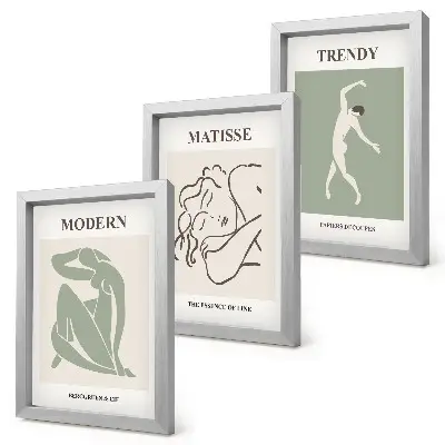 Trittico incorniciato con personaggi eleganti dalle forme e colori minimalisti