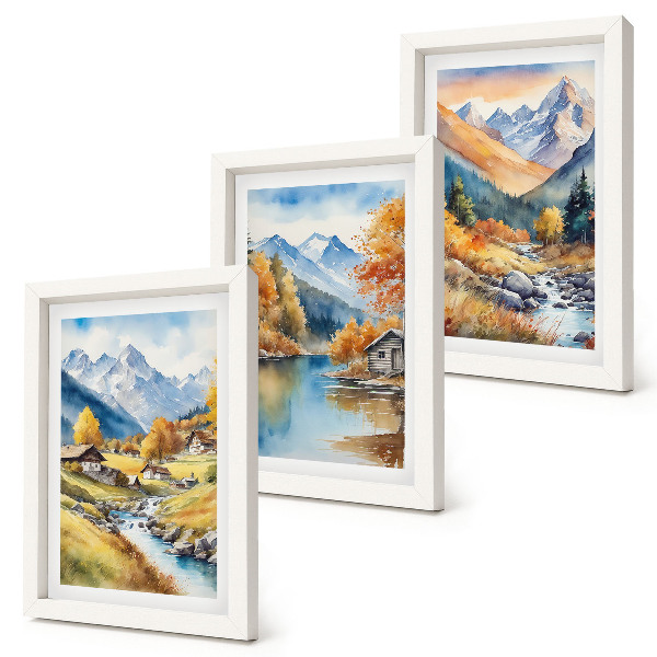Composizione di 3 quadri Montagne autunnali dipinte con un fiume e delle casette