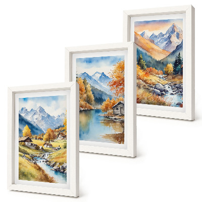 Composizione di 3 quadri Montagne autunnali dipinte con un fiume e delle casette
