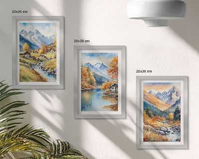 Composizione di 3 quadri Montagne autunnali dipinte con un fiume e delle casette