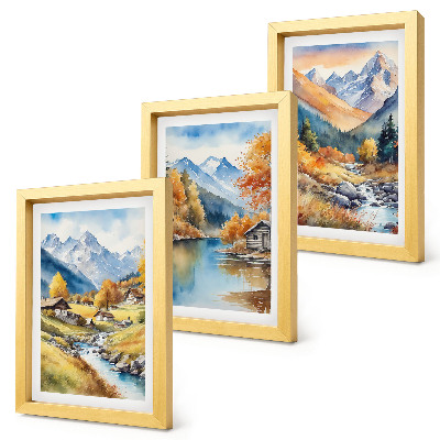 Composizione di 3 quadri Montagne autunnali dipinte con un fiume e delle casette