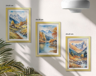 Composizione di 3 quadri Montagne autunnali dipinte con un fiume e delle casette