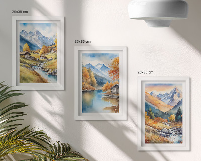 Composizione di 3 quadri Montagne autunnali dipinte con un fiume e delle casette