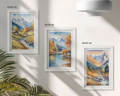 Composizione di 3 quadri paesaggio autunnale con montagne fiume e casette