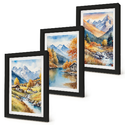 Composizione di 3 quadri Montagne autunnali dipinte con un fiume e delle casette