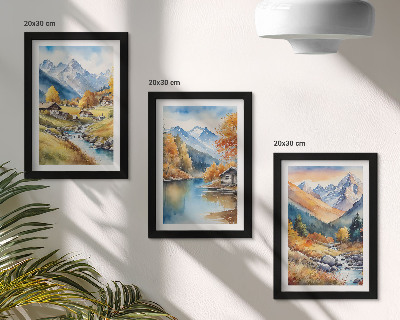 Composizione di 3 quadri Montagne autunnali dipinte con un fiume e delle casette