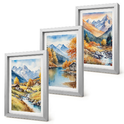 Composizione di 3 quadri Montagne autunnali dipinte con un fiume e delle casette
