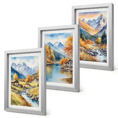 Composizione di 3 quadri paesaggio autunnale con montagne fiume e casette