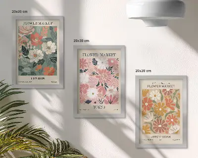 Trittico di poster floreali con motivi di Londra, Tokyo e Amsterdam incorniciato