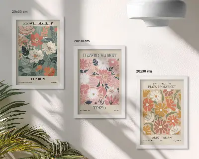 Trittico di poster floreali con motivi di Londra, Tokyo e Amsterdam incorniciato