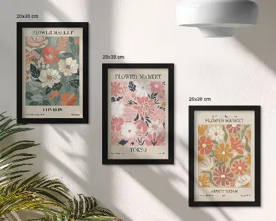 Trittico di poster floreali con motivi di Londra, Tokyo e Amsterdam incorniciato