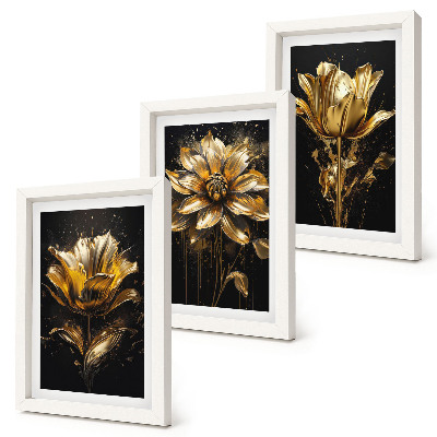 Composizione di 3 quadri Fiori in diverse tonalità di giallo su sfondo scuro