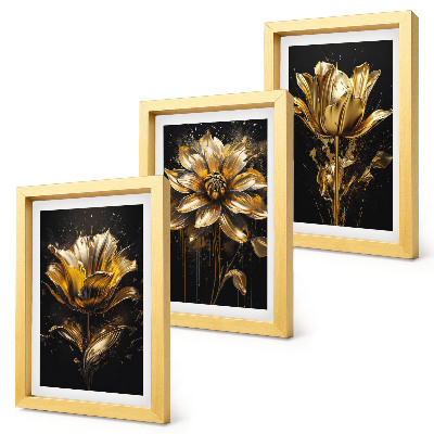 Composizione di 3 quadri Fiori in diverse tonalità di giallo su sfondo scuro