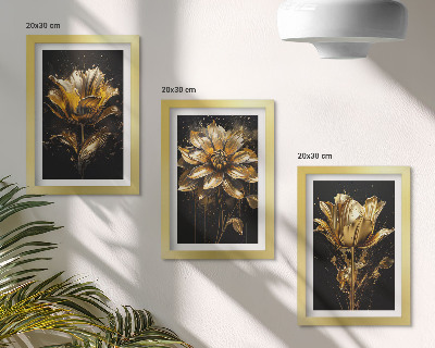 Composizione di 3 quadri Fiori in diverse tonalità di giallo su sfondo scuro