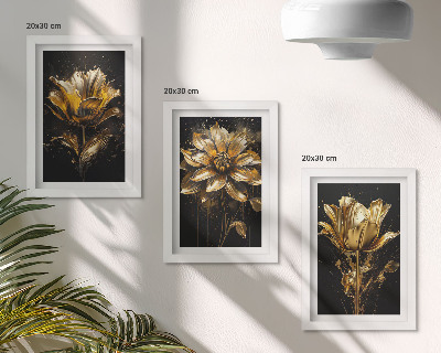 Composizione di 3 quadri Fiori in diverse tonalità di giallo su sfondo scuro