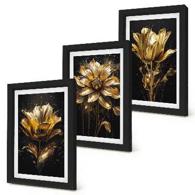 Composizione di 3 quadri Fiori in diverse tonalità di giallo su sfondo scuro