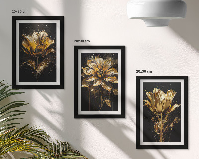 Composizione di 3 quadri Fiori in diverse tonalità di giallo su sfondo scuro
