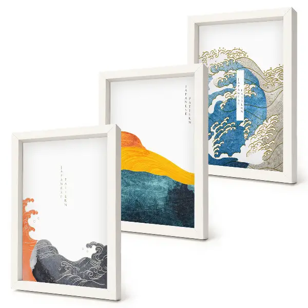 Trittico incorniciato con stampa di onde in stile grafico giapponese