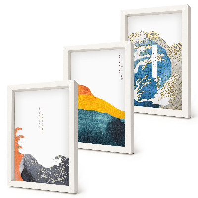 Trittico incorniciato Onde in stile grafico giapponese