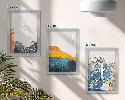 Trittico incorniciato Onde in stile grafico giapponese