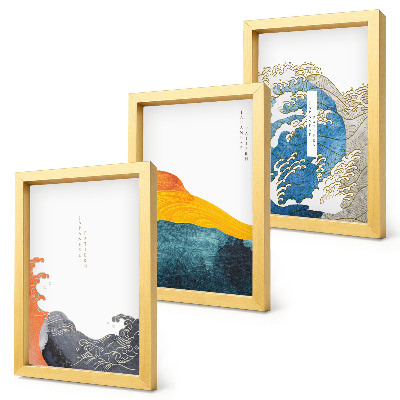 Trittico incorniciato Onde in stile grafico giapponese
