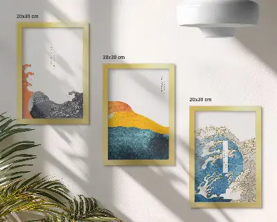 Trittico incorniciato con stampa di onde in stile grafico giapponese
