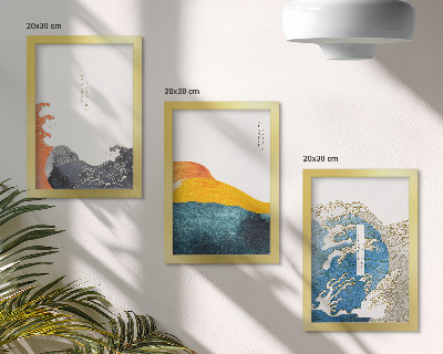 Trittico incorniciato Onde in stile grafico giapponese