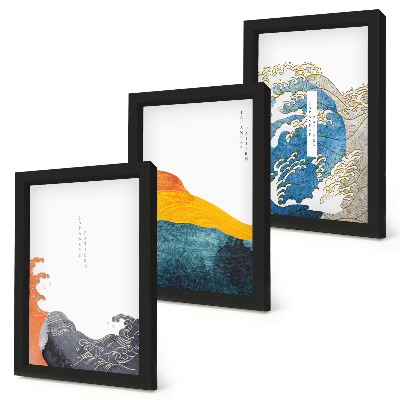Trittico incorniciato Onde in stile grafico giapponese