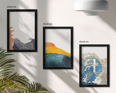 Trittico incorniciato Onde in stile grafico giapponese