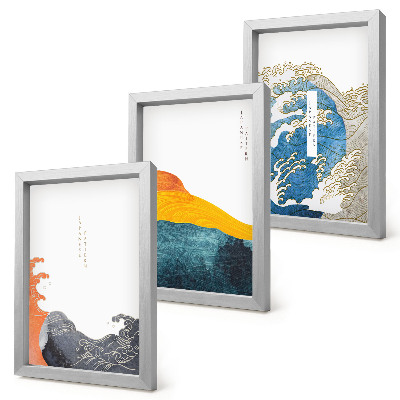 Trittico incorniciato Onde in stile grafico giapponese