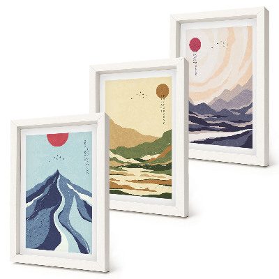 Trittico incorniciato Montagne dai colori pastello, in stile giapponese.