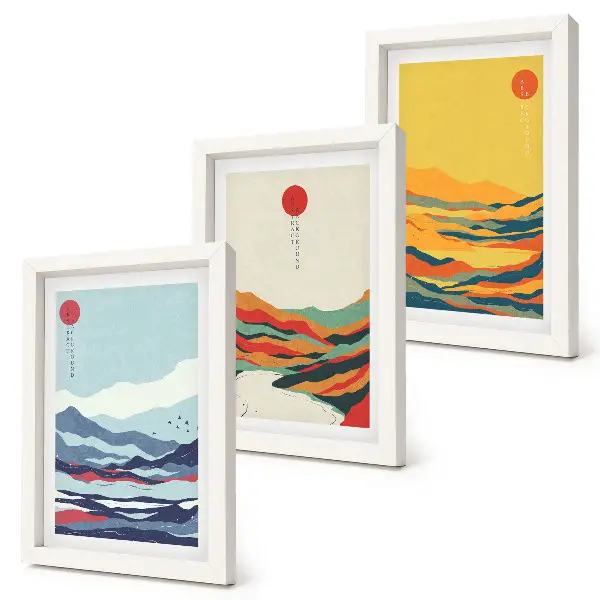 Composizione di 3 quadri con paesaggi astratti e colorati di montagne e fiumi