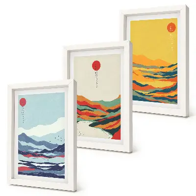 Composizione di 3 quadri con paesaggi astratti e colorati di montagne e fiumi