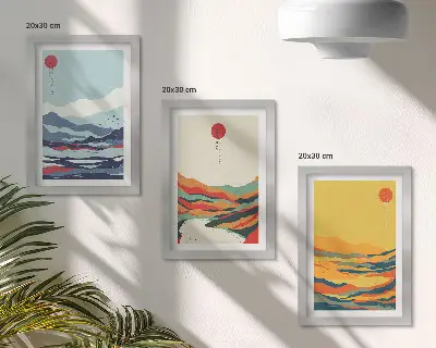 Composizione di 3 quadri con paesaggi astratti e colorati di montagne e fiumi